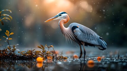 Fototapeta premium Majestic Goliath Heron Standing Tall in Misty Wetland Its Enormous Wings Slightly Spread Creating a Captivating and Atmospheric Scene with Copy Space for Text or Design