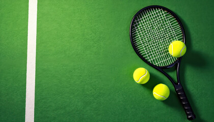 Top view of tennis balls and racket lying on green synthetic grass court. White line marks playground. Copy space for text, advertising. Sport concept, summer outdoor activities.