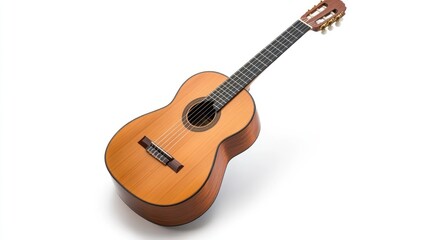 Naklejka premium A beautifully crafted acoustic guitar resting on a white surface, showcasing its natural wood grain and design