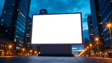 Blank white billboard standing in urban cityscape at night with modern skyscrapers and glowing lights