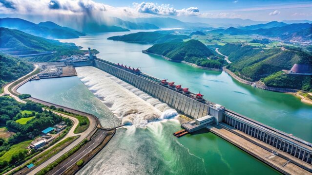 Aerial view of the massive Three Gorges Dam in China with water flowing through , Aerial View