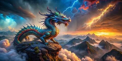 Fototapeta premium Majestic Dragon Soaring Above Stormy Mountain Peak - Double Exposure Stock Photo