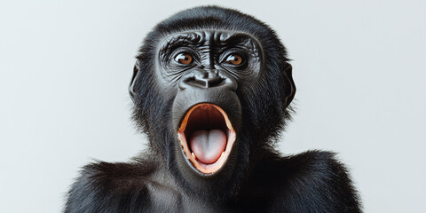 Fototapeta premium Close-up photo of a young gorilla with its mouth wide open in surprise.