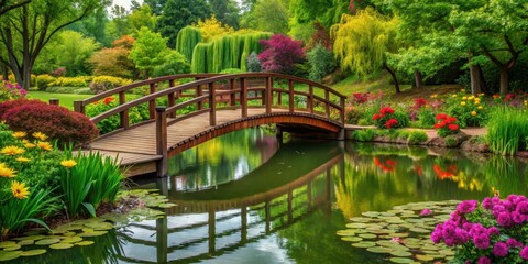 A serene wooden bridge spans across a tranquil pond surrounded by lush greenery and vibrant flowers in a picturesque park setting, serenity, tranquility