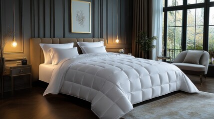 Luxurious white comforter bed, elegant bedroom, warm lighting, peaceful atmosphere, interior design, perfect for home decor, relaxation, comfortable space