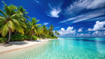 Obraz premium Palm tree-lined beach with crystal clear turquoise waters and white sandy shore under a bright blue sky #MauritiusBeach