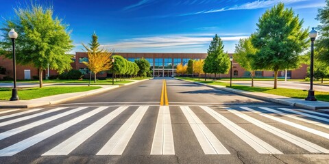 Naklejka premium Wide shot of an empty school crosswalk on a sunny summer day, outdoor, sidewalk, outdoor, sidewalk, street, building, deserted