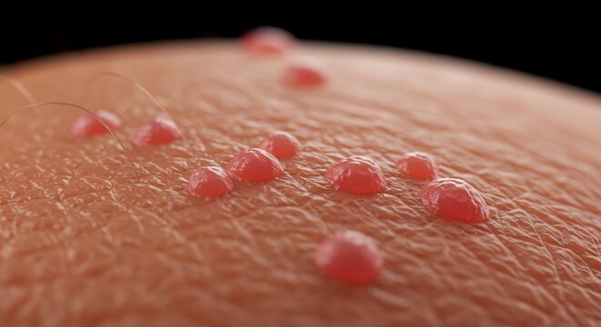Microscopic Close-up of Human Skin with Multiple Inflamed Red Papules, Illustrating a Skin Condition or Infection, Detailed 3D Medical Render