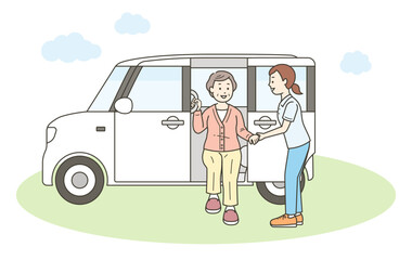介護施設に送迎される高齢女性と介護士と福祉車両のイラスト