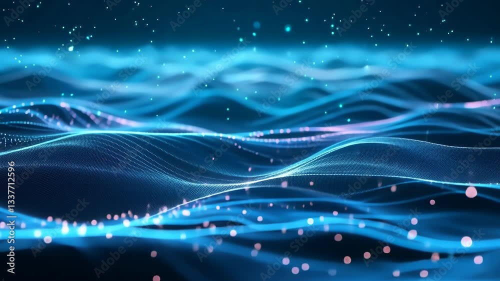 Poster visualizing dynamic waves and particles in a digital ocean environment with captivating motion and v