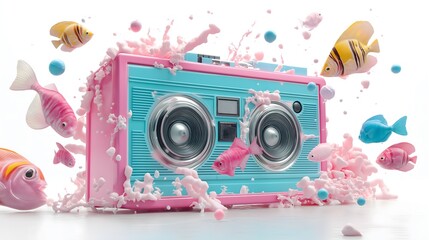 Summer and boombox: Tropical fish surrounding an underwater boombox, summer ocean theme.