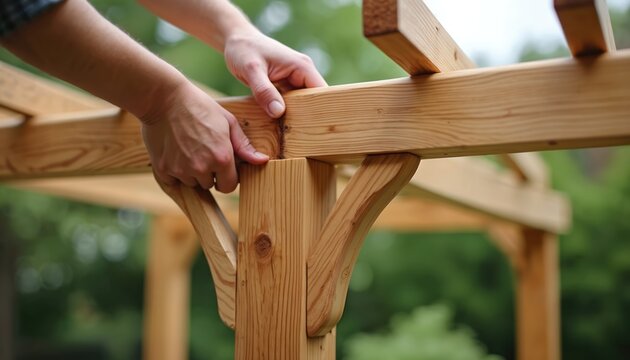 Close up shot shows person hands assembling wooden pergola frame in backyard. Construction with timber beam architecture in outdoor garden. Improvement project with carpenter using technical roofing