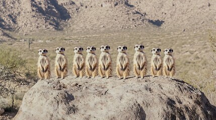 Naklejka premium Meerkats Standing Vigilantly on a Rock, Watching for Threats in Arid Desert Landscape