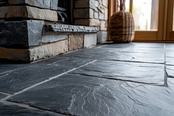 Close up view of a slate tiled floor beside a fireplace
