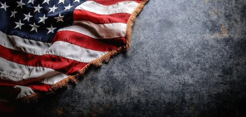 A weathered American flag drapes against a textured background, Flag of United States of America for remembering independence, labor, presidents or memorial day holidays