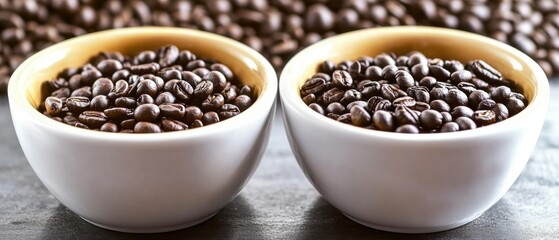 Obraz premium Two bowls filled with rich, dark coffee beans, showcasing their texture and color, ideal for coffee lovers and culinary enthusiasts.