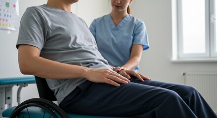 Obraz premium Compassionate Female Physiotherapist Providing Gentle Care and Support to a Male Patient in a Wheelchair During a Rehabilitation Session in a Bright, Modern Therapy Clinic