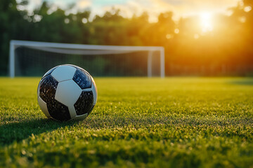 Obraz premium a soccer ball on the grass near a goal in sunlight.