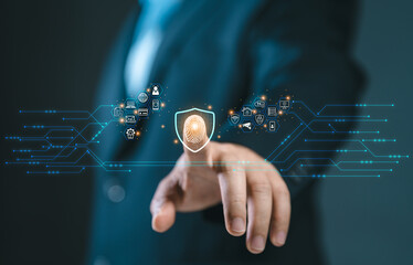 Cybersecurity and privacy concepts to protect data. Business Finger press on the fingerprint icon and internet network security technology. Virtual screen interfaces. cyber security.
