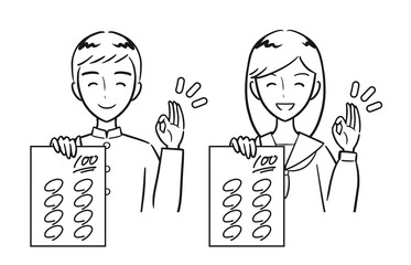 笑顔で100点を取ったテストを見せる男子学生・女子学生セット（線画）
