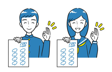 笑顔で100点を取ったテストを見せる男子学生・女子学生セット（シンプル）