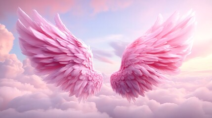 Obraz premium Majestic pink wings emerge from fluffy clouds during a serene sunrise in an ethereal sky