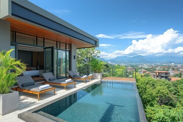 Fototapeta premium Rooftop with outdoor swimming pool, lounge chairs, and a view of Chiang Mai city, lush greenery, mountains, and blue sky, creating a serene atmosphere for relaxation.