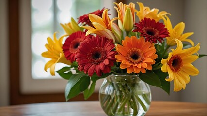 Fototapeta premium Vibrant Fall Bouquet of Gerbera Daisies and Roses in a Vase