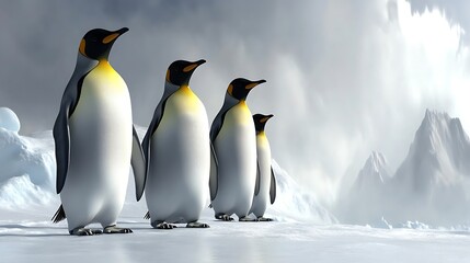 Fototapeta premium Four penguins standing on snowy ice with mountains in the background, Antarctica. Potential stock image