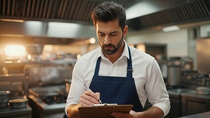 Restaurant manager in apron reviews inventory list in a commercial kitchen, focusing on operational tasks.