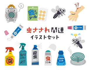 夏の虫よけ対策・虫刺され関連ベクター手書きイラストセット