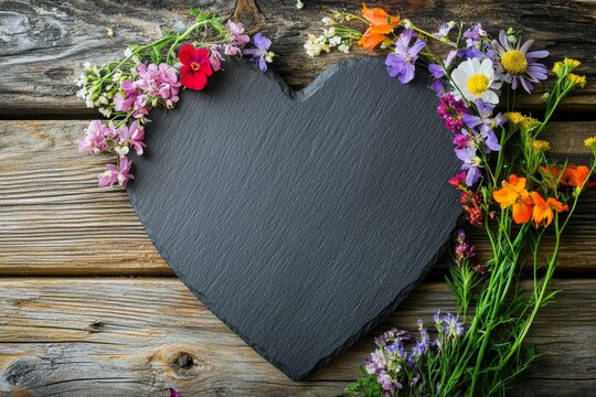Heart-shaped slate board with vibrant wildflowers