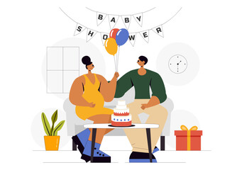 Baby Shower Vector Illustration Featuring a Couple Celebrating the Arrival of a Little Boy or Girl with Cake, Decorations, and Gifts in a Background