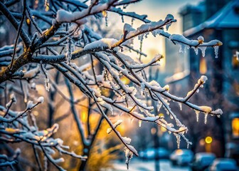 Melting Snow on Urban Branches - Cold Snap Winter Scene