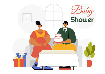 Baby Shower Vector Illustration Featuring a Couple Celebrating the Arrival of a Little Boy or Girl with Cake, Decorations, and Gifts in a Background