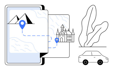 Smartphone displaying navigation route linking mountains to a castle, blue location pin markers, decorative plant, and car. Ideal for travel, tourism, exploration, navigation concepts, digital tools