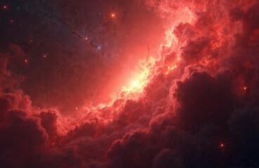 Naklejka premium Striking fiery nebula with blazing bright light in red galaxy background concept. Infinite stardust cosmic space, interplanetary interstellar astral glowing sky phenomena with black hole. Perfect for