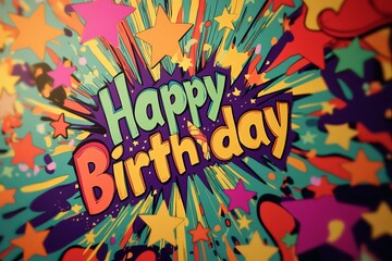 comic-style "Happy Birthday" text with a burst of colors and vibrant stars
