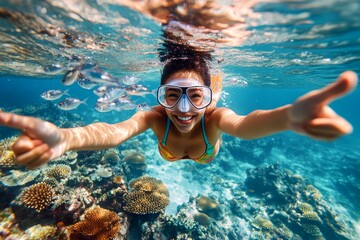 A pretty and sexy happy asian young woman with short hair in a swimming mask and fins snorkeling among the corals. A dense school of silver fish swims next to her. Happy girl enjoying the sea.