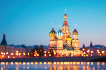 Fototapeta premium International Living Investment Concepts. Blurry view of a colorful building illuminated at dusk.