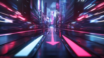Fototapeta premium Neon Cityscape with Pink and Blue Lights and Arrow Direction at Night