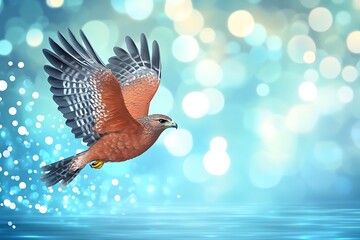 Fototapeta premium Hawk in flight over reflective water with blurred blue and white bokeh background