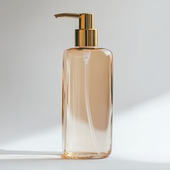 transparent glass shampoo bottle with golden top
