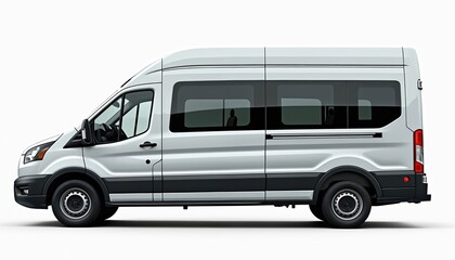 Modern white minibus for passenger transportation isolated on white background. Car suitable for family, business, holiday travel. Minivan vehicle with side view ideal for city tours, urban delivery,