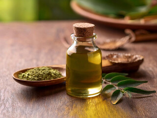 A transparent glass bottle filled with golden essential oil is placed on a wooden tray, surrounded by cinnamon sticks and fresh white flowers.