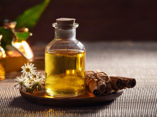 A cork-sealed glass bottle containing golden essential oil rests on a wooden surface, surrounded by cinnamon sticks and delicate white flowers. 