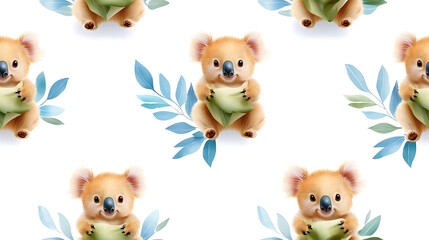 Obraz premium Cute koala holding leaves surrounded by eucalyptus leaves in seamless pattern, perfect for nature themed designs