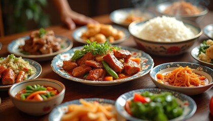 Festive Chinese dinner table setting with various dishes. Includes braised pork belly, stir-fried vegetables, steamed rice, noodles, salads. Rich assortment of authentic East cuisine, served on
