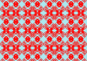 seamless pattern with red hearts.  Colorful square textile and ceramic floor design. Geometry shape abstract tie-dye wallpaper. Aztec style and Folk embroidery. Fabric texture concept.