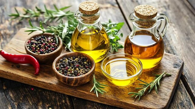 Olive oil and vinegar with spices displayed on a rustic wooden board in a kitchen setting
